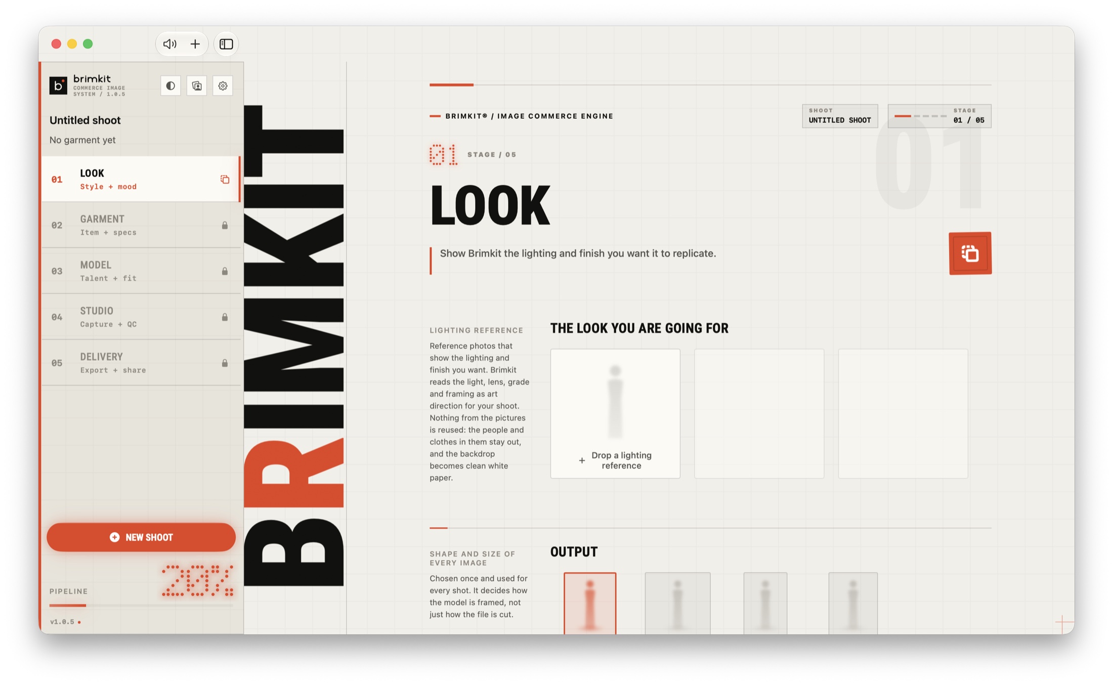Brimkit running on macOS at the Look stage, showing the five stage rail and lighting reference wells